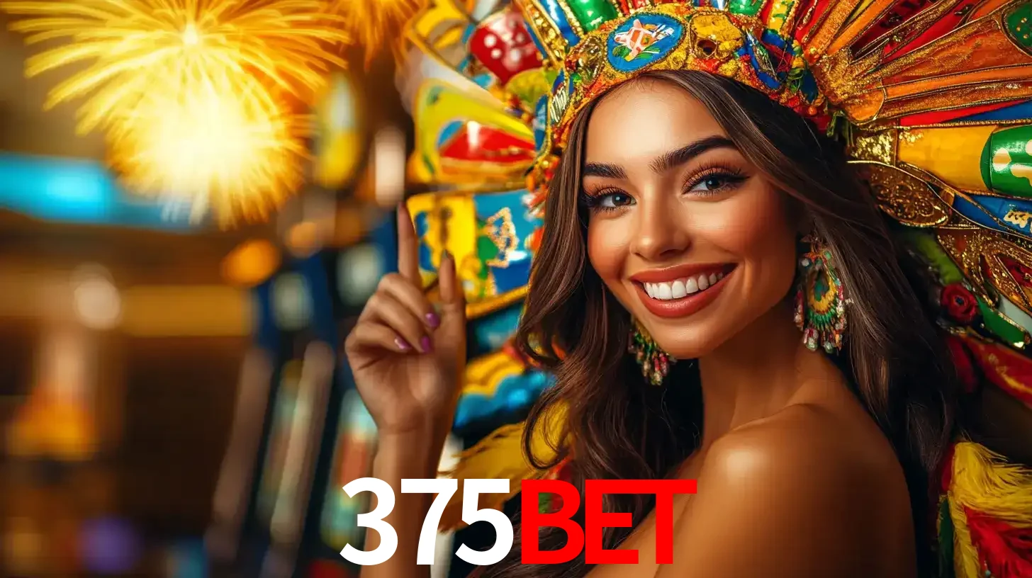 Mulher sorridente com um cocar de carnaval vibrante e colorido, celebrando uma grande vitória nos jogos do cassino 375bet com fogos de artifício ao fundo.