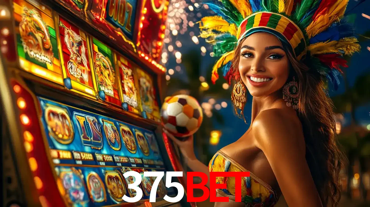 Mulher com um cocar de carnaval ao lado de uma máquina de caça-níqueis enquanto segura uma bola de futebol, mostrando a união da diversão de cassino e esportes no 375bet.