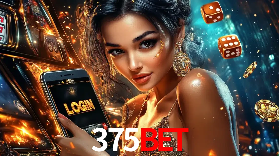 Mulher glamourosa segurando um celular com a tela de login do cassino 375bet, rodeada por dados e moedas douradas, pronta para começar a diversão.