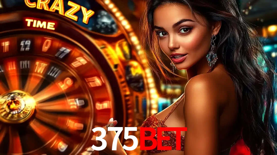 Mulher ao lado da roda de prêmios do jogo de cassino ao vivo Crazy Time, um dos shows de jogos mais emocionantes oferecidos pela plataforma de apostas 375bet.