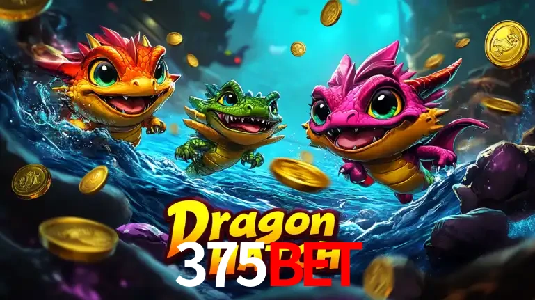 Arte promocional do jogo Dragon Hatch com três adoráveis dragões bebês nadando entre moedas de ouro, um dos slots mais divertidos para jogar no cassino 375bet.
