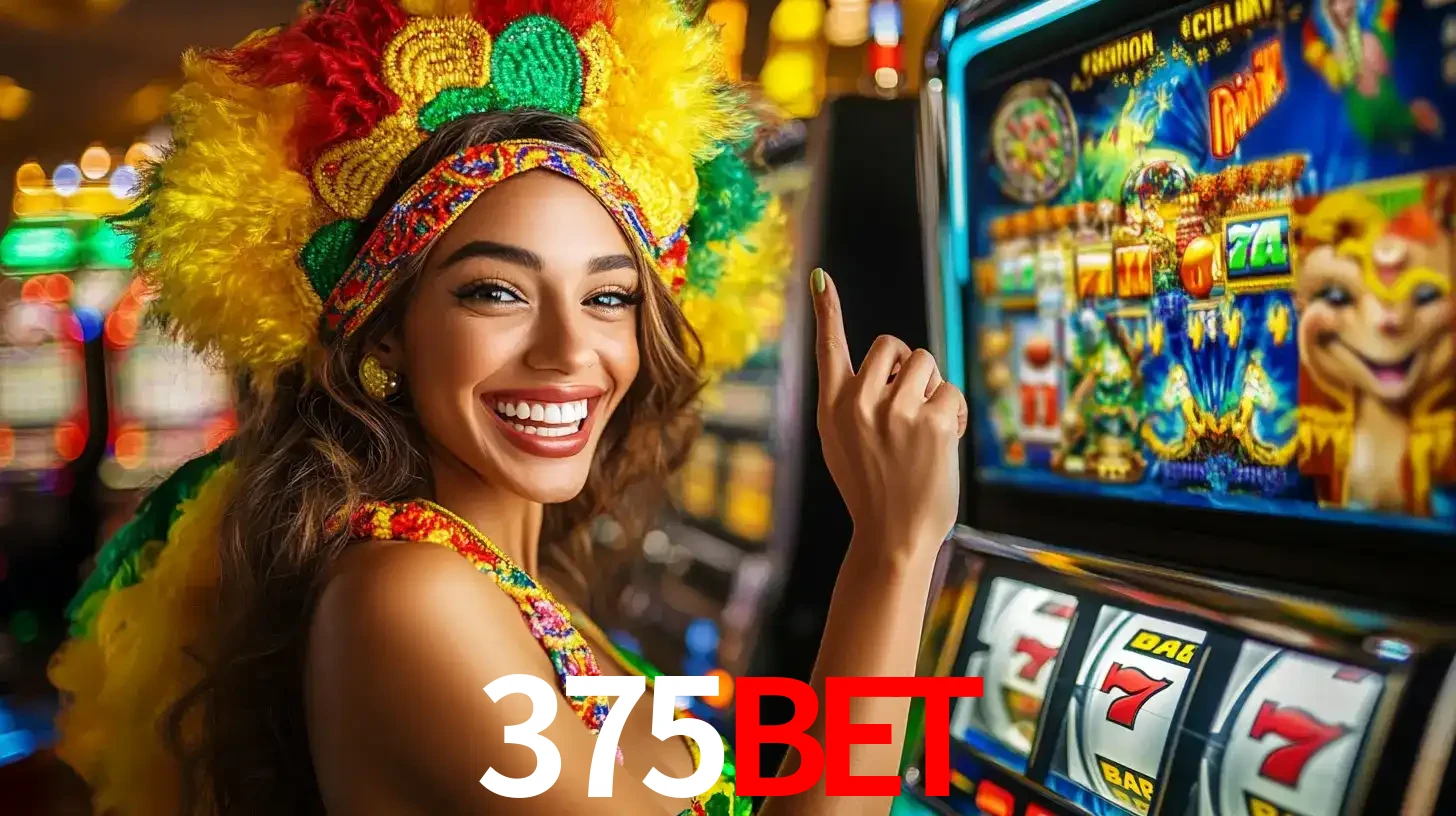 Mulher animada com um cocar de carnaval apontando para uma máquina de caça-níqueis, mostrando a emoção de ganhar um grande prêmio nos jogos do 375bet.