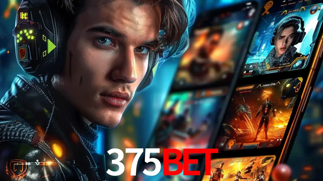 Jovem jogador com fones de ouvido olhando para a câmera, com um aplicativo de jogos e e-sports para celular ao fundo, pronto para a competição e apostas no 375bet.