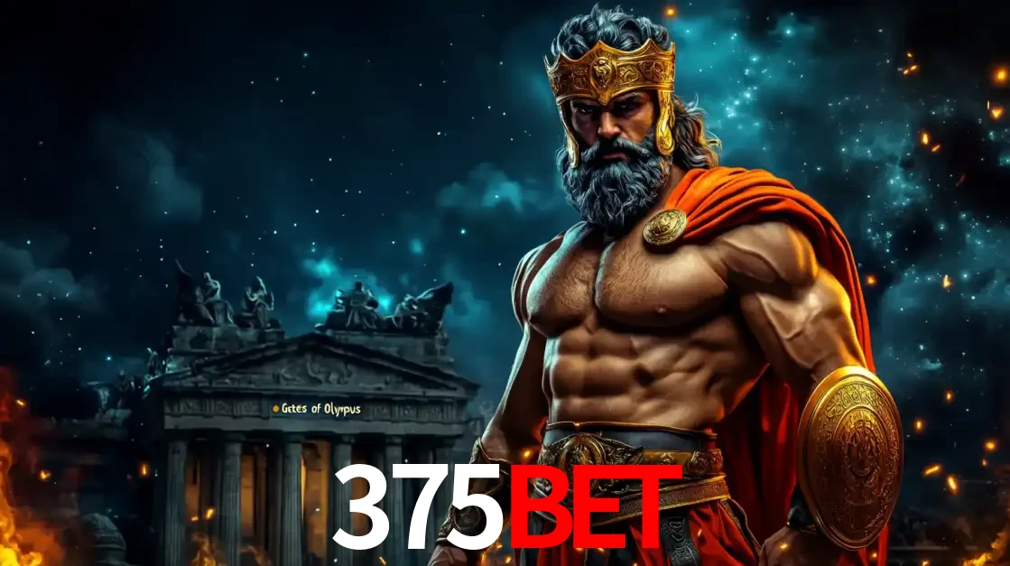O poderoso Zeus do jogo de slot Gates of Olympus em frente ao seu templo, pronto para lançar multiplicadores divinos e prêmios épicos no cassino online 375bet.