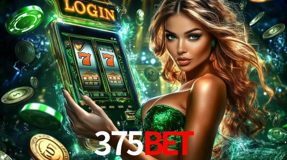 Mulher com tema verde apresentando o aplicativo do cassino 375bet com um jogo de slot de 777, cercada por fichas de cassino e uma aura de sorte.