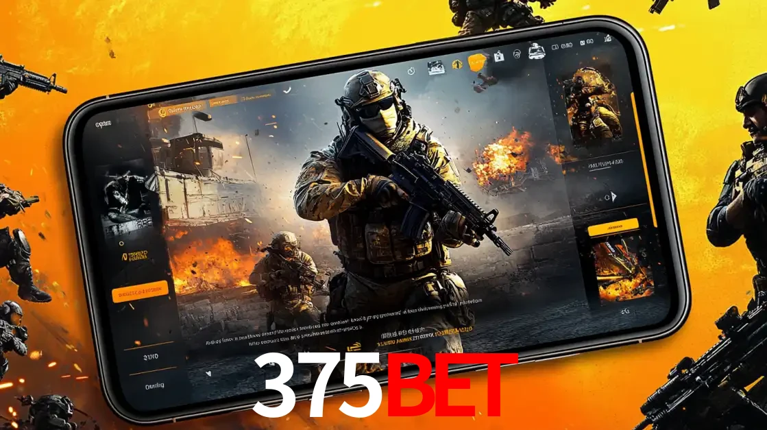 Um smartphone exibindo a interface de um jogo de tiro em primeira pessoa, com um soldado em um cenário de batalha, representando a ação dos e-sports para apostar no 375bet.