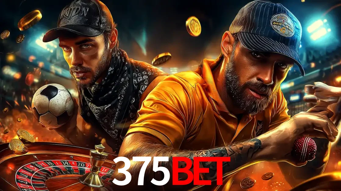 Montagem de apostas esportivas e cassino no 375bet, com um homem segurando uma bola de futebol e outro uma de beisebol sobre uma roleta e moedas voadoras.