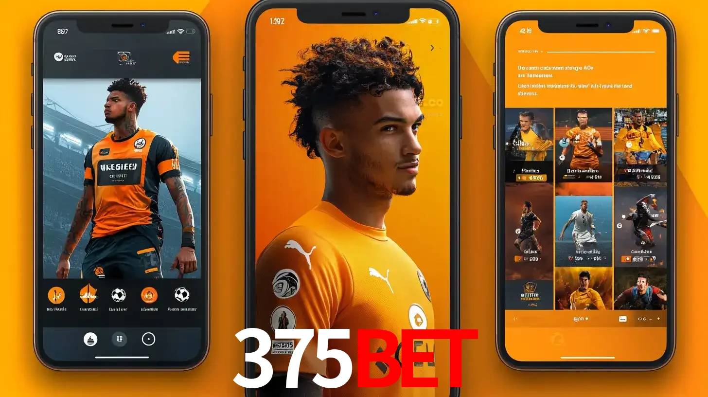 Interface do aplicativo de apostas esportivas 375bet em três telas de celular, mostrando o perfil de um jogador de futebol e a lista de jogos disponíveis para apostar.