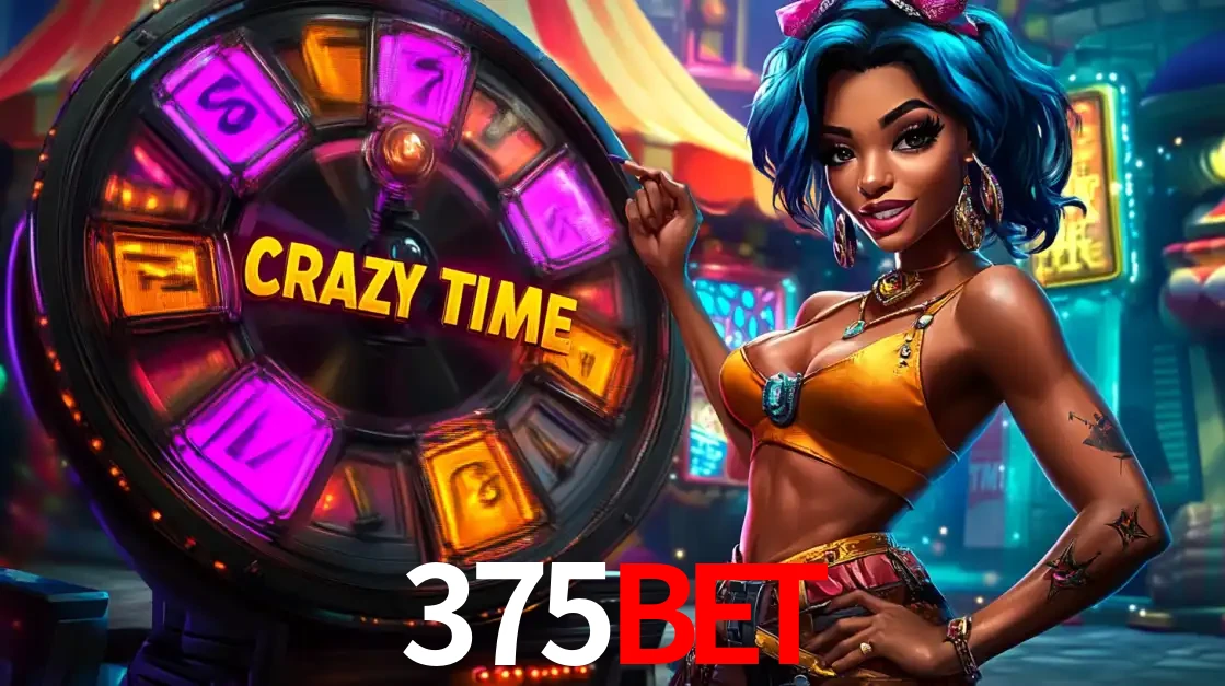 Mulher estilizada com cabelo azul e visual vibrante posando ao lado da roda de prêmios do game show Crazy Time, convidando para a diversão e os bônus do cassino 375bet.