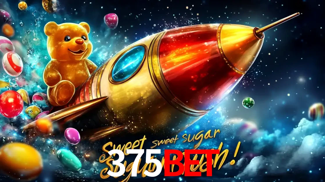 Arte promocional do jogo de slot Sugar Rush, com um urso de pelúcia em um foguete viajando pelo espaço de doces, um dos jogos divertidos disponíveis no cassino 375bet.