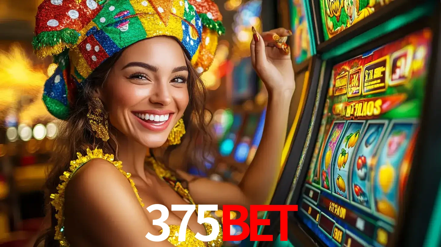 Mulher feliz com traje de carnaval amarelo e colorido ao lado de uma máquina de caça-níqueis, aproveitando a diversão e os jogos temáticos do cassino 375bet.
