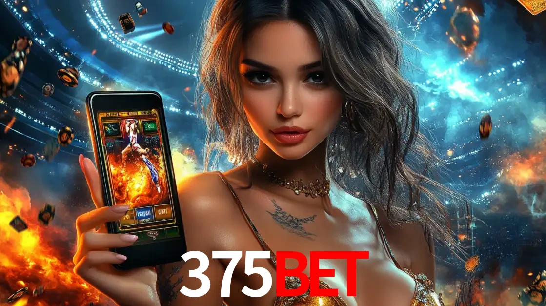 Mulher segurando um celular com um jogo de slot em destaque, tendo como fundo um estádio vibrante, simbolizando a emoção de jogar no cassino móvel 375bet.