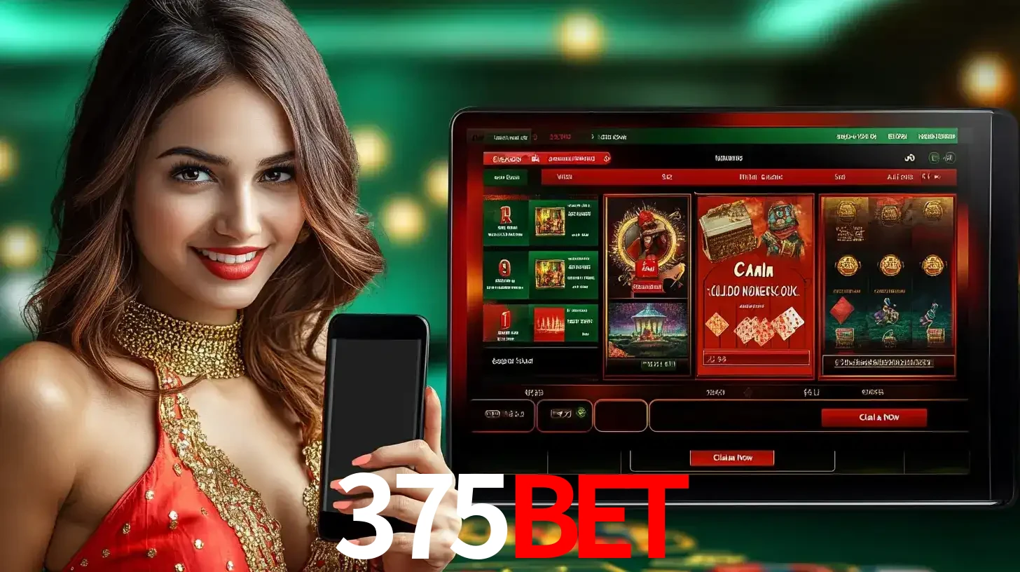 Mulher sorridente segurando um smartphone, ao lado de uma tela exibindo o lobby de jogos do cassino online 375bet, com várias opções de jogos de cartas e slots.
